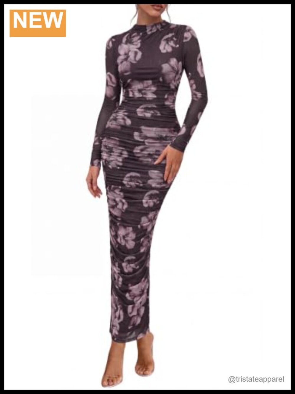 Mock Neck Long Sleeve Maxi Dress Mesh Floral Ruched Wedding Guest